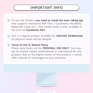 To use the Stickers you need to install the note-taking app that supports interactive PDF files. ( Goodnotes, Notability, Noteshelf, Xodo etc. ) The sticker book is only available in the form of Goodnotes files.