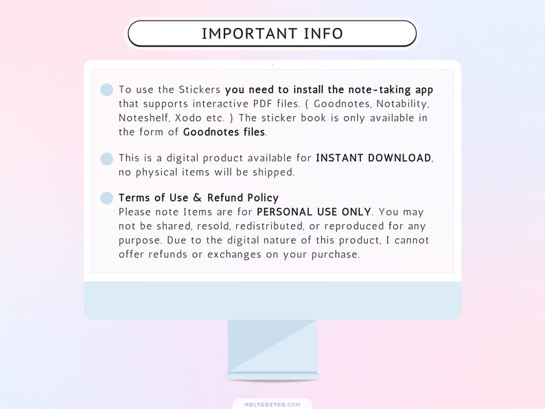 To use the Stickers you need to install the note-taking app that supports interactive PDF files. ( Goodnotes, Notability, Noteshelf, Xodo etc. ) The sticker book is only available in the form of Goodnotes files.