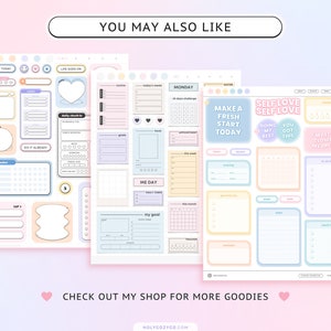 May include: A set of printable digital planner stickers with a pastel color scheme. The stickers feature motivational quotes like "Make a Fresh Start Today" and "Self Love, You Got This".