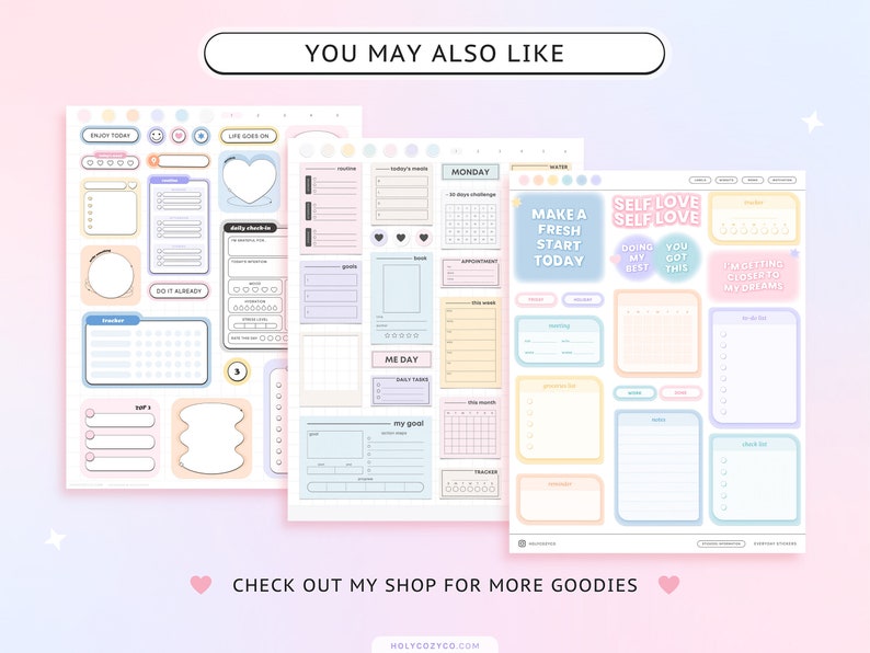 May include: A set of printable digital planner stickers with a pastel color scheme. The stickers feature motivational quotes like "Make a Fresh Start Today" and "Self Love, You Got This".