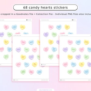 May include: A set of 68 printable candy heart stickers with various phrases and designs. The stickers are in a pastel color scheme and feature a heart shape. The phrases include "Slow Down", "Get It Girl", "You Got This", "I Am Loved", "Just Have Fun", "Good Day", "Take Your Time", "Don't Forget", "Goals", "Coffee Please", "Party Time", "Fun Day", "You're My Fav", "Happy Day", "Start Now", "Love This", "Stay Cool", "Sun", "Mon", "Tue", "Wed", "Thu", "Fri", "Lazy Day", "It's Okay To Rest", "Just Chill", "Great Job", "Me Time", "Awe Some", "Well Done", "Nice Work".