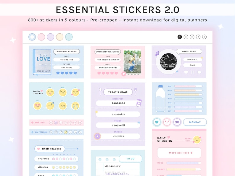 May include: A set of digital planner stickers featuring a variety of colorful designs, including a book, a mood tracker, a meal planner, a water tracker, a habit tracker, and a daily check-in. The stickers are pre-cropped and ready to be used in digital planners.