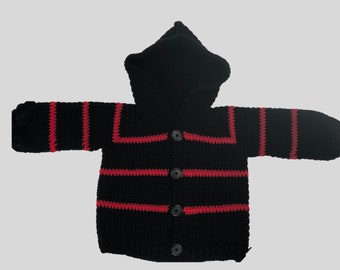 Black with red stripes Crochet Sweater with Hoodie