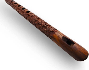 Handmade Hand Carved Mouth Woodwind Instrument Flute Wooden Traditional Flute, Great Sound Indian Musical Instrument Flute Brown Color 33 cm