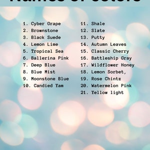 May include: A list of 21 color names, including Cyber Grape, Brownstone, Black Suede, Lemon Lime, Tropical Sea, Ballerina Pink, Deep Blue, Blue Mist, Moonstone Blue, Candied Yam, Shale, Slate, Putty, Autumn Leaves, Classic Cherry, Battleship Gray, Wildflower Honey, Lemon Sorbet, Rose Chintz, Watermelon Pink, and Yellow Light.