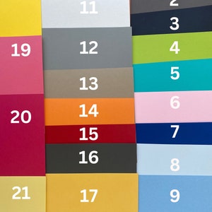 May include: A color chart with 21 different colors, numbered 1 through 21. The colors are arranged in three columns, with the numbers 1-9 on the right, 10-17 in the middle, and 18-21 on the left.