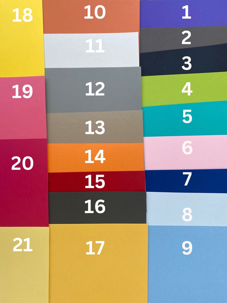 May include: A color chart with 21 different colors, numbered 1 through 21. The colors are arranged in three columns, with the numbers 1-9 on the right, 10-17 in the middle, and 18-21 on the left.