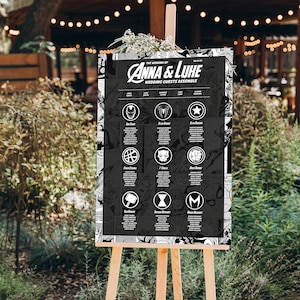 May include: A black and white wedding seating chart with a comic book theme. The chart features the names of guests and their assigned tables, each table is represented by a different Marvel superhero logo. The chart is titled "The Wedding of Anna & Luke" and the date "28.02.23".