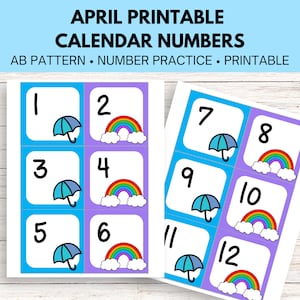 May include: Printable April calendar numbers with an AB pattern. Each number is on a blue or purple square with an umbrella or rainbow graphic.
