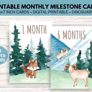 Cartes imprimables numériques jalons mensuels pour bébé (animaux de la montagne)
