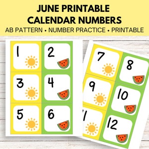 Op de afbeelding: Printbare juni-kalendergetallen met een zon- en watermeloendesign. De getallen zijn gerangschikt in een rasterpatroon met afwisselende gele en groene achtergronden.