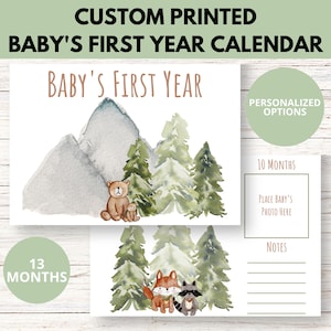 Personalized PRINTED Baby&#39;s First Year Calendar (Camping Woodland Animals)