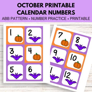 May include: Printable October calendar numbers with a Halloween theme. The numbers 1 through 12 are displayed on purple and orange squares with alternating images of a bat and a pumpkin.