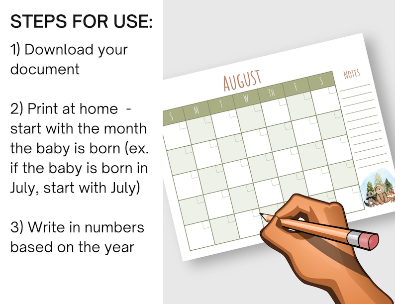Baby's First Year Calendar Printable camping Woodland Animals - Etsy