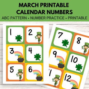 May include: Printable March calendar numbers with a St. Patrick's Day theme. The numbers 1 through 12 are displayed on colorful squares with images of leprechauns, rainbows, and shamrocks.