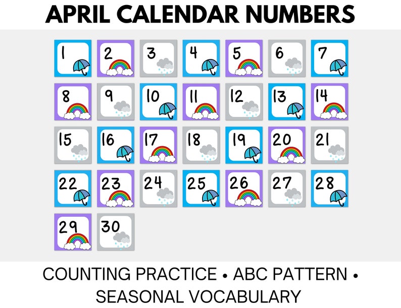 April Calendar Numbers in ABC Pattern Etsy
