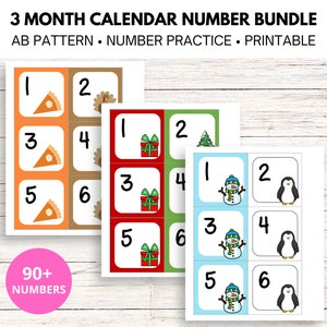 3 Month Printable Calendar Numbers BUNDLE in AB Pattern (November, December, January)