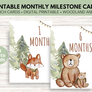 Cartes imprimables numériques jalons mensuels pour bébé (animaux de la forêt de camping)