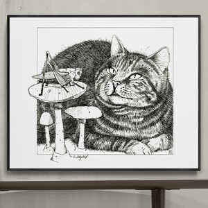 Tabby Cat Illustration · Nursery Kids Decor · Cat Lover Gift · Woodland Nature Poster · Cottagecore Mushroom Art · Pen and Ink Drawing