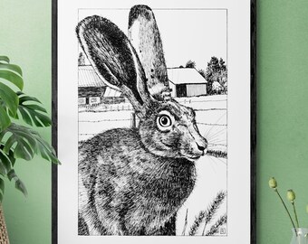 May include: Black and white pen and ink drawing of a rabbit in a field with a farmhouse in the background. The rabbit is looking directly at the viewer.