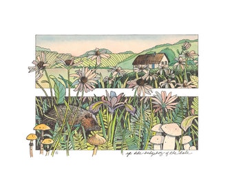 Hedgehog and Mushroom Illustration · Woodland Nursery Art · Cottagecore Poster · Farmhouse Decor · Folk Art Print · Forest Animal Drawing