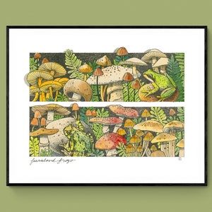 Frog and Mushroom Illustration · Fine Art Giclée Print · Nursery Decor · Woodland Nature Poster · Amphibian Drawing · Animal Wall Art