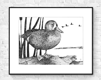 Duck Illustration · Bird Hunter Art · Cottagecore Duck Poster · Woodland Nursery Decor · Waterfowl Drawing · Farmhouse Decor Print