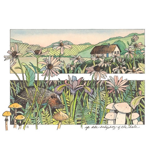 Hedgehog and Mushroom Illustration · Woodland Nursery Art · Cottagecore Poster · Farmhouse Decor · Folk Art Print · Forest Animal Drawing