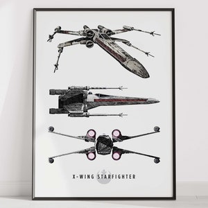 May include: A black and white illustration of an X-Wing Starfighter from Star Wars. The image shows the spaceship from three different angles: top, side, and bottom. The text "X-Wing Starfighter" is printed below the image.