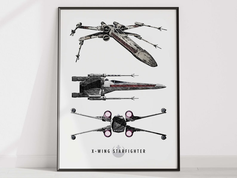 May include: A black and white illustration of an X-Wing Starfighter from Star Wars. The image shows the spaceship from three different angles: top, side, and bottom. The text "X-Wing Starfighter" is printed below the image.