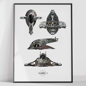 May include: A black and white illustration of the Slave I starship from Star Wars. The ship is shown in four different views: front, back, side, and top. The text "SLAVE I" is printed below the image.