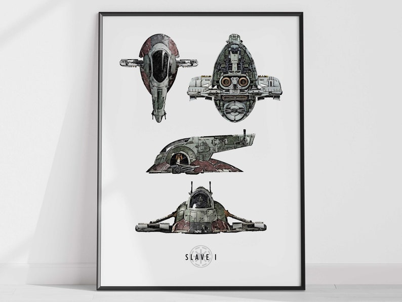 May include: A black and white illustration of the Slave I starship from Star Wars. The ship is shown in four different views: front, back, side, and top. The text "SLAVE I" is printed below the image.