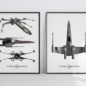 May include: Two black framed prints of a Star Wars X-Wing Starfighter spaceship. The left print shows the spaceship from three different angles. The right print shows the spaceship from the front. Both prints have the text "X-Wing Starfighter" at the bottom.