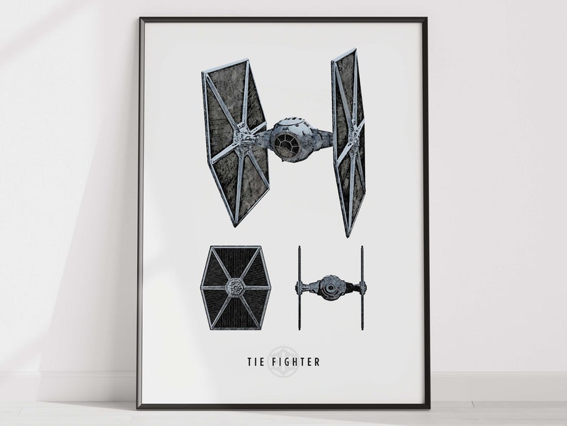 May include: A black and white illustration of a TIE Fighter from Star Wars. The image shows the TIE Fighter from the front, side, and top views. The text "TIE Fighter" is printed below the image.
