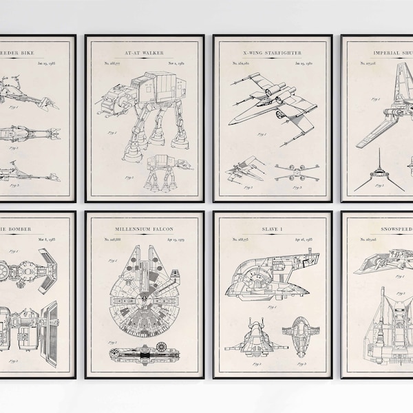 Star Wars Blueprints Wall Art, Vehicles Movie Poster Print, Patent Prints, Patent Poster, Millennium Falcon, AT-AT, X-Wing, The Mandalorian