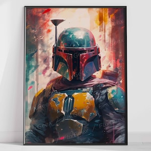 Boba Fett Wall Poster Movie Art Print, Slave I, Star Wars, Darth Vader, Jango, Millennium Falcon, Jedi, Rey, Mandalorian