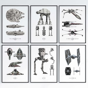 May include: A set of six black and white illustrations of Star Wars vehicles and walkers. The illustrations include the Millennium Falcon, AT-AT, X-Wing Starfighter, Slave I, AT-ST, and TIE Fighter.