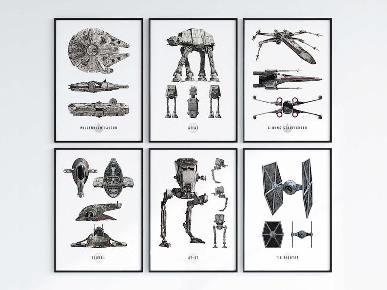 May include: A set of six black and white illustrations of Star Wars vehicles and walkers. The illustrations include the Millennium Falcon, AT-AT, X-Wing Starfighter, Slave I, AT-ST, and TIE Fighter.