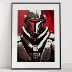 May include: A black and red Mandalorian helmet with a dark grey and black suit. The helmet has a red visor and a black and grey design.