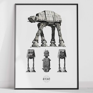 May include: A black and white illustration of a Star Wars AT-AT walker. The walker is shown from the front, side, and back views. The text "AT-AT" is printed below the image.