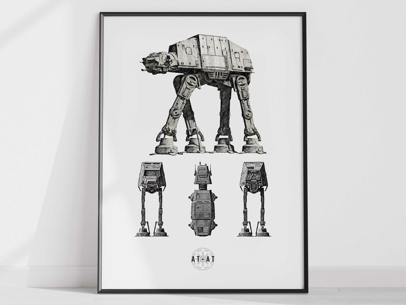May include: A black and white illustration of a Star Wars AT-AT walker. The walker is shown from the front, side, and back views. The text "AT-AT" is printed below the image.