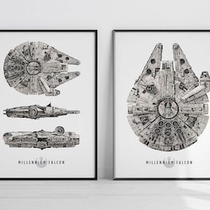 May include: Two black framed prints of the Millennium Falcon spaceship from Star Wars. The left print shows the ship from three different angles. The right print shows the ship from the front. Both prints have the text "Millennium Falcon" at the bottom.