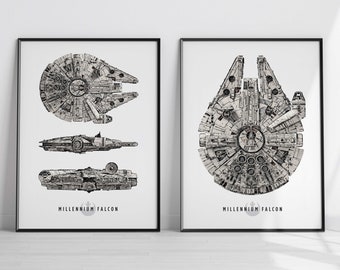 May include: Two black framed prints of the Millennium Falcon spaceship from Star Wars. The left print shows the ship from three different angles. The right print shows the ship from the front. Both prints have the text "Millennium Falcon" at the bottom.