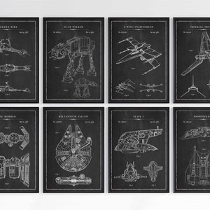 May include: A set of 8 black and white Star Wars spaceship blueprints. Each blueprint features a different spaceship, including the X-Wing, TIE Bomber, and Millennium Falcon.