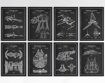May include: A set of 8 black and white Star Wars spaceship blueprints. Each blueprint features a different spaceship, including the X-Wing, TIE Bomber, and Millennium Falcon.