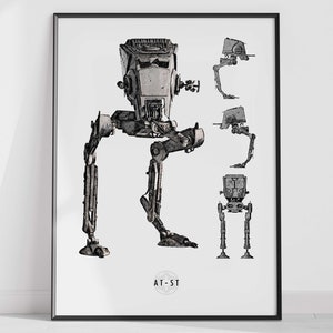 May include: A black and white line drawing of an AT-ST walker from Star Wars. The walker is shown in different poses, including a full-body view, a side view, and a front view. The text "AT-ST" is printed below the image.