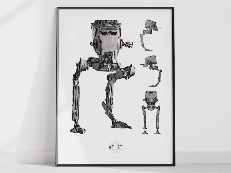 May include: A black and white line drawing of an AT-ST walker from Star Wars. The walker is shown in different poses, including a full-body view, a side view, and a front view. The text "AT-ST" is printed below the image.