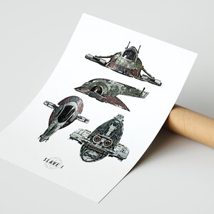 May include: A digital illustration of the Slave I starship from Star Wars in five different views. The ship is green, brown, and gray with a white cockpit.