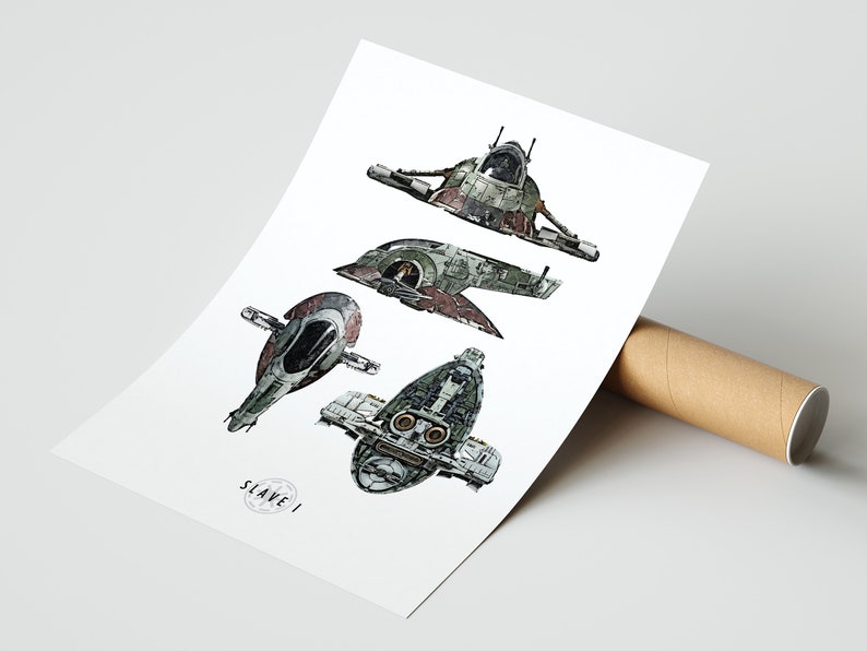 May include: A digital illustration of the Slave I starship from Star Wars in five different views. The ship is green, brown, and gray with a white cockpit.