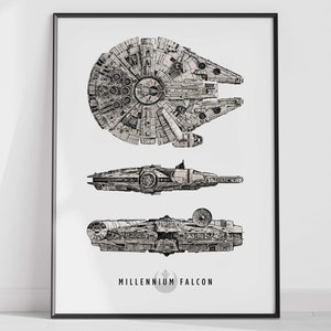 May include: A black and white line drawing of the Millennium Falcon spaceship from Star Wars. The spaceship is shown in three different views: top, side, and bottom. The text "MILLENNIUM FALCON" is printed below the image.